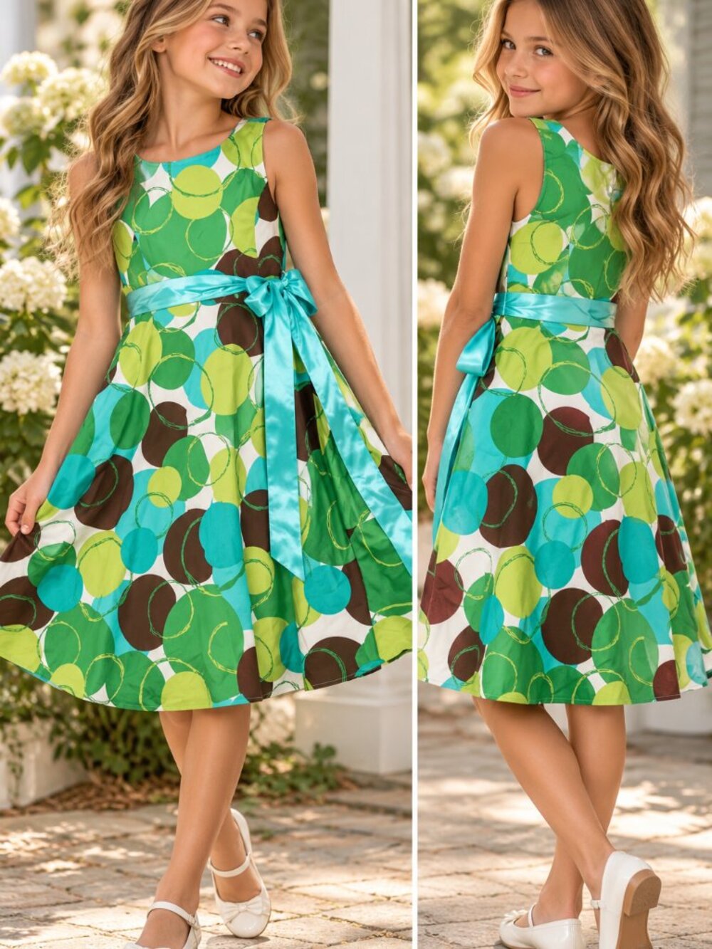 Girls Green Blue Polka Dot Fit & Flare Dress with Satin Bow Belt 10